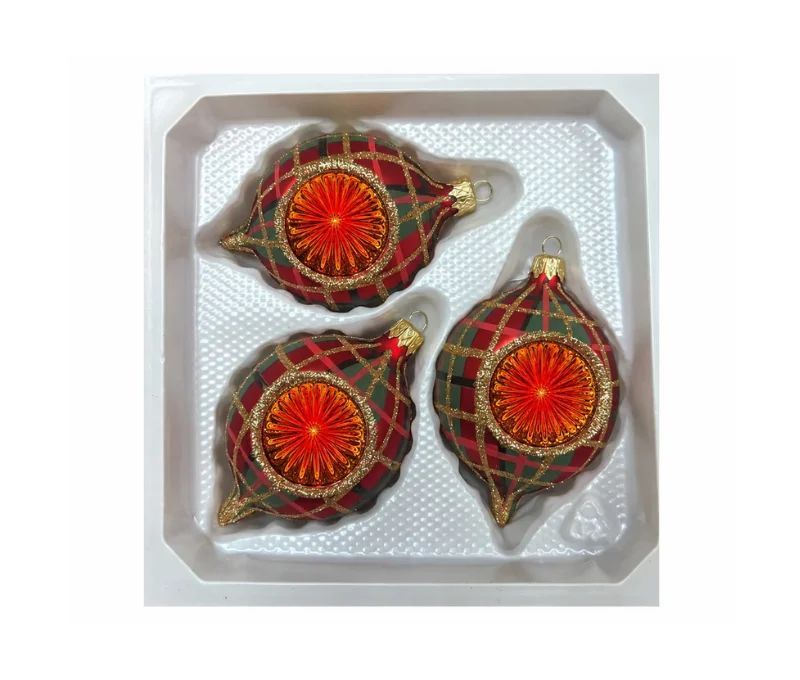 Coffret 3 gouttes de Noël verre soufflé motif tartan rouge vert doré réflecteur orangé doré rayonnant Ø7cm H10cm