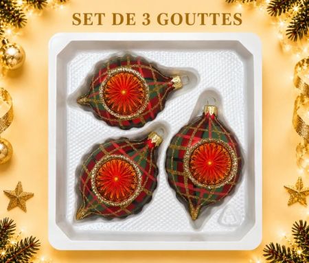 Coffret 3 gouttes de Noël verre soufflé motif tartan rouge vert doré réflecteur orangé doré rayonnant Ø7cm H10cm