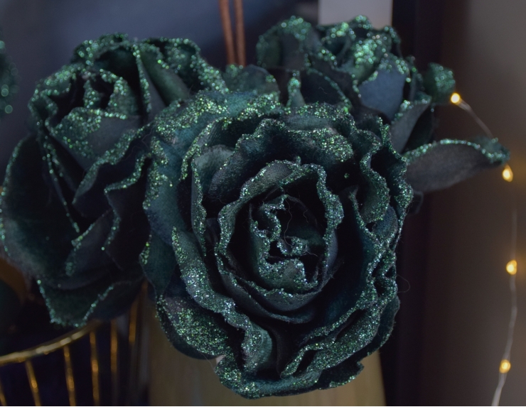 Rose en tissus bleu pétrole avec paillettes - ø 18cm