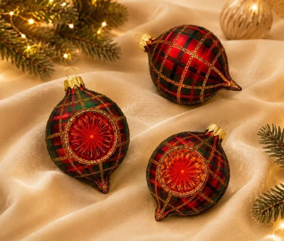 Coffret 3 gouttes de Noël tartan mix verre soufflé Ø7cm H10cm