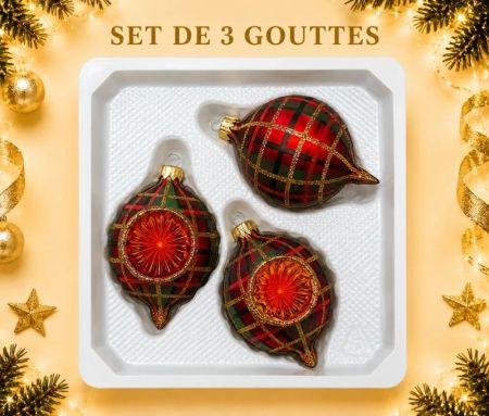 Coffret 3 gouttes de Noël tartan mix verre soufflé Ø7cm H10cm