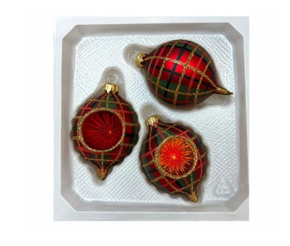 Coffret 3 gouttes de Noël tartan mix verre soufflé Ø7cm H10cm