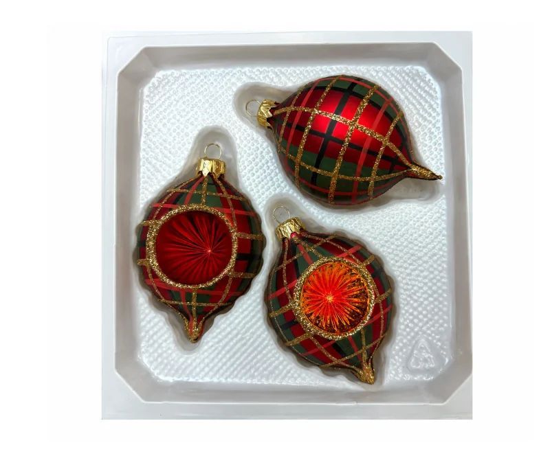 Coffret 3 gouttes de Noël tartan mix verre soufflé Ø7cm H10cm