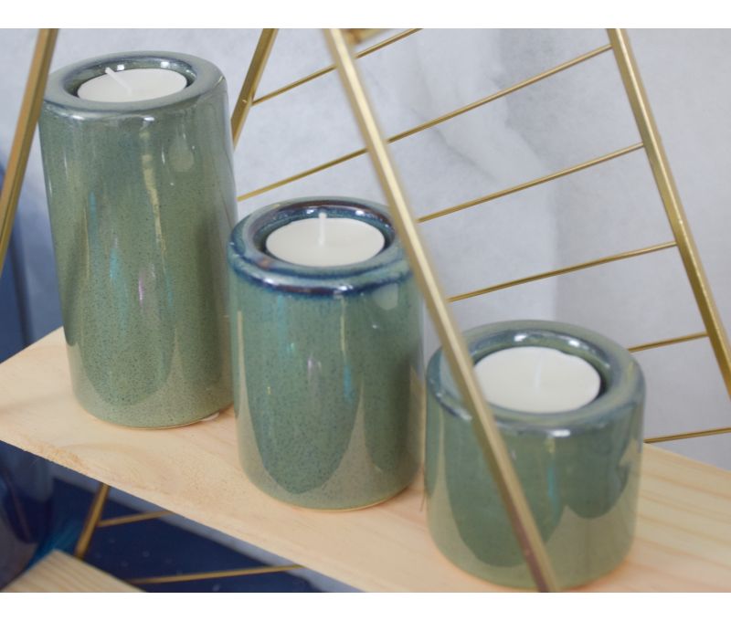 Trio de bougeoirs cylindriques céramique émaillée vert foncé brillant 3 hauteurs assorties bougies chauffe-plat H12cm