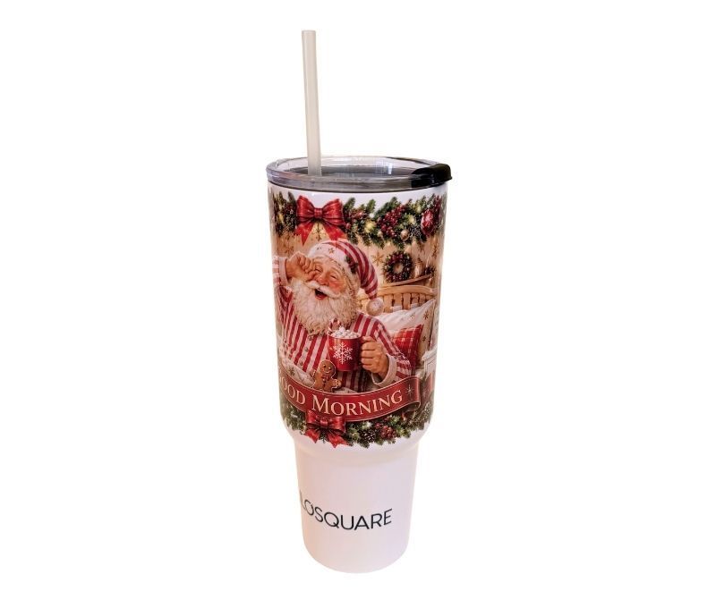 Gobelet isotherme de Noël illustré scène Père Noël paille poignée réversible acier inoxydable Ø10xH25,8cm 1,2L