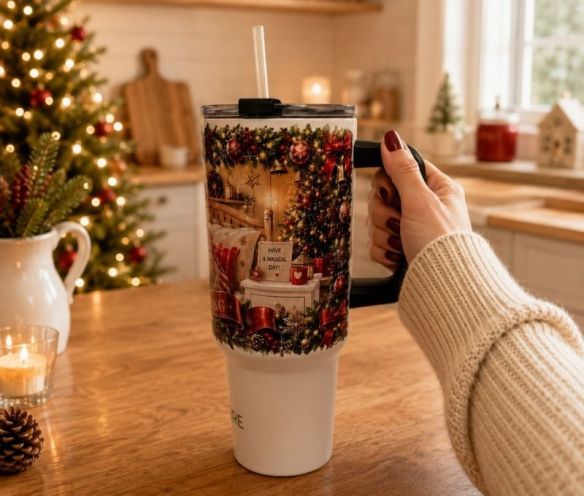Gobelet isotherme de Noël illustré scène Père Noël paille poignée réversible acier inoxydable Ø10xH25,8cm 1,2L