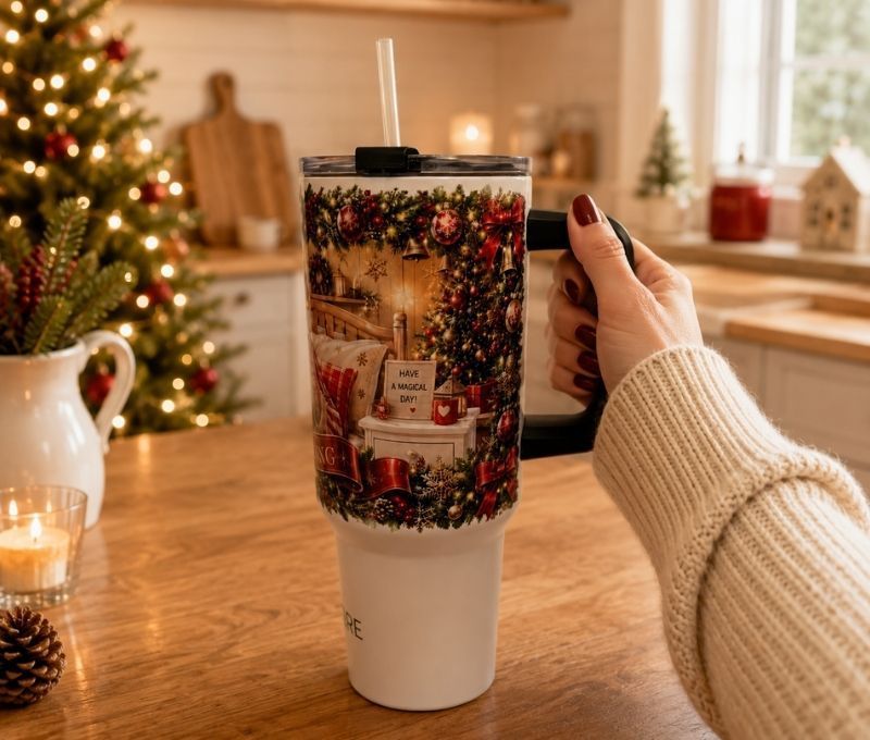 Gobelet isotherme de Noël illustré scène Père Noël paille poignée réversible acier inoxydable Ø10xH25,8cm 1,2L