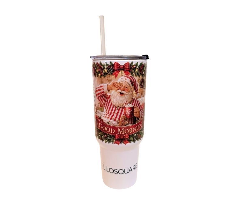 Gobelet isotherme de Noël illustré scène Père Noël paille poignée réversible acier inoxydable Ø10xH25,8cm 1,2L