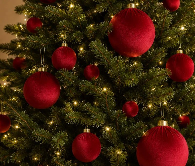 Boule Noël velours tissu rouge vif texture douce incassable