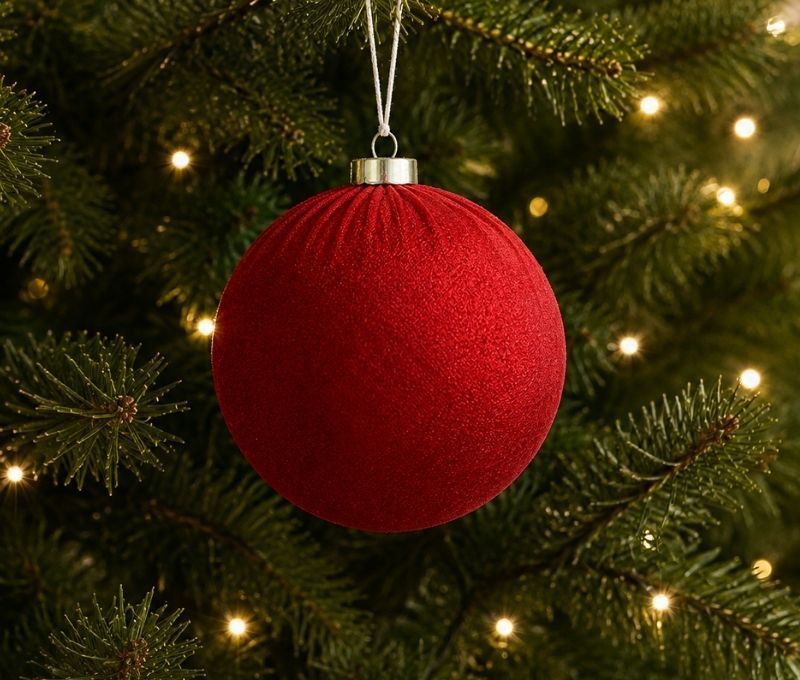 Boule Noël velours tissu rouge vif texture douce incassable 8cm