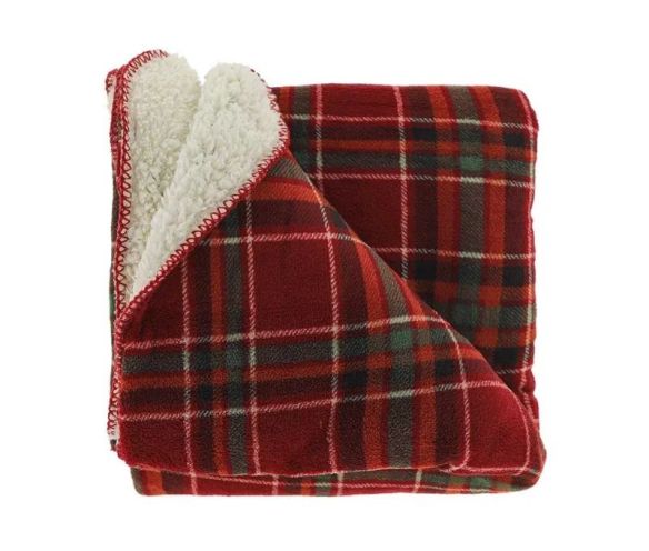 Plaid tartan rouge orange vert noir doublure sherpa crème surpiqûre rouge 150x200cm