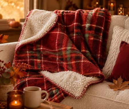 Plaid tartan rouge orange vert noir doublure sherpa crème surpiqûre rouge 150x200cm