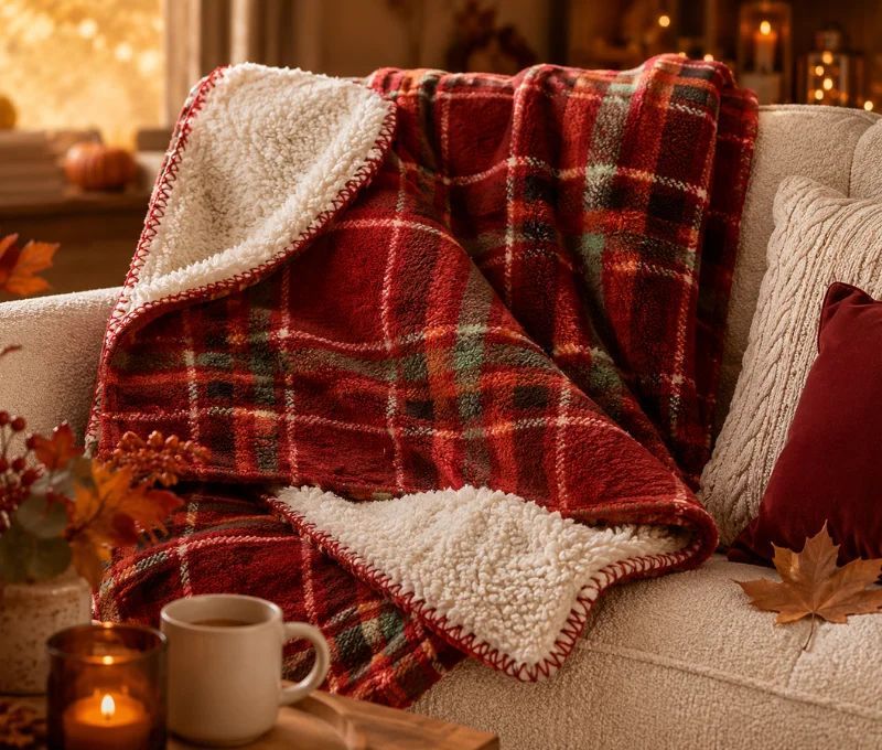 Red orange green black tartan plaid cream sherpa lining red blanket stitch 150x200cm