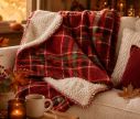 Voir la slide Plaid tartan rouge orange vert noir doublure sherpa crème surpiqûre rouge 150x200cm