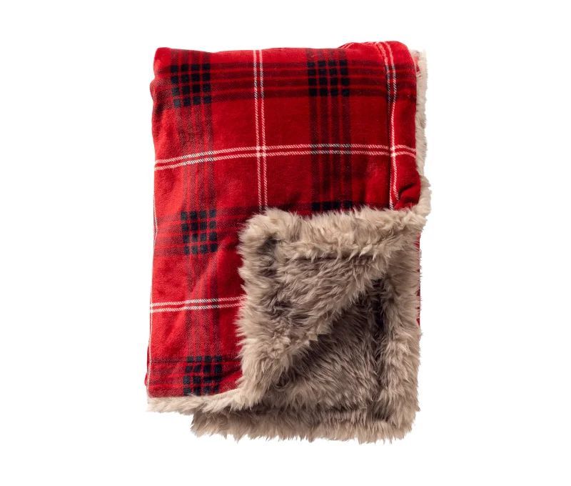 Red black white tartan plaid taupe faux fur lining fluffy edge 140x180cm