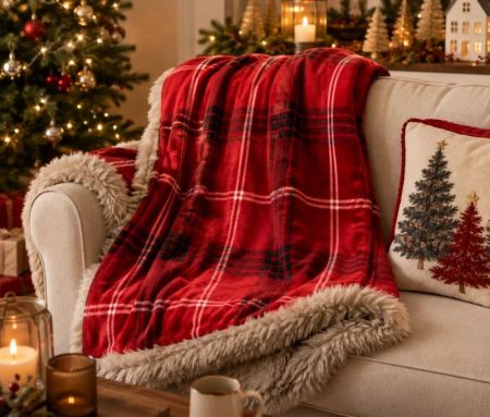 Plaid tartan rouge noir blanc doublure fausse fourrure taupe bordure duveteuse 140x180cm