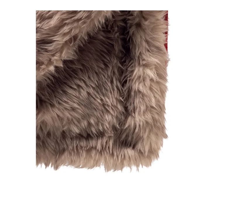 Red black white tartan plaid taupe faux fur lining fluffy edge 140x180cm