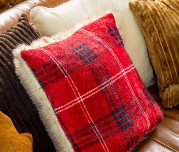Square red black white tartan cushion cream faux fur trim faux fur back 45x45cm