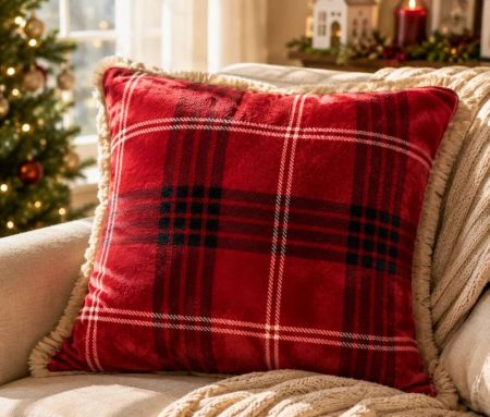 Square red black white tartan cushion cream faux fur trim faux fur back 45x45cm