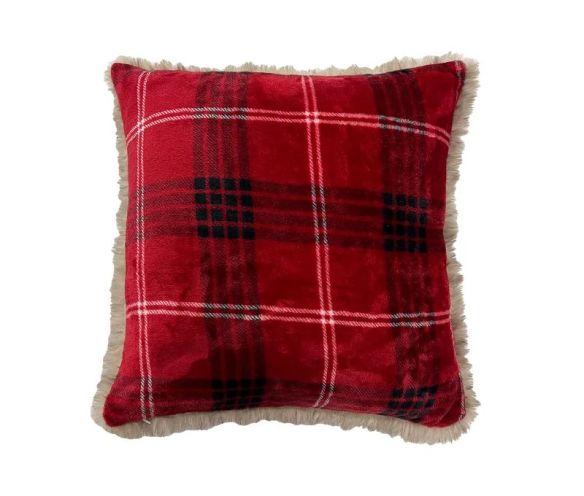 Coussin carré tartan rouge noir blanc bordure fausse fourrure crème dos fausse fourrure 45x45cm