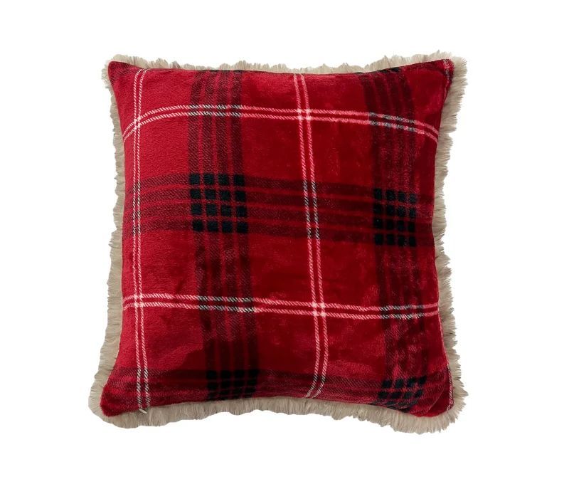 Coussin carré tartan rouge noir blanc bordure fausse fourrure crème dos fausse fourrure 45x45cm