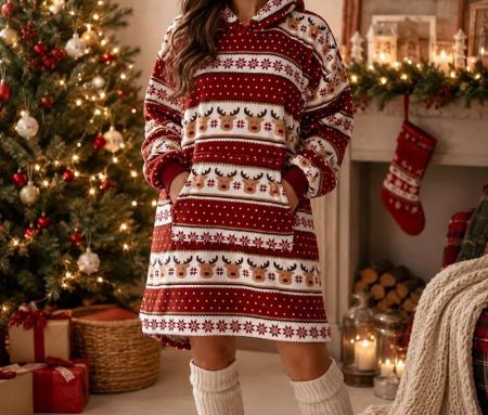 XMAS oversized hoodie blanket red white reindeer snowflake pattern XMAS lettering pocket hood 70x110cm