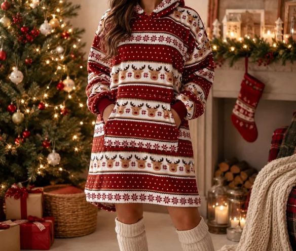 XMAS oversized hoodie blanket red white reindeer snowflake pattern XMAS lettering pocket hood 70x110cm