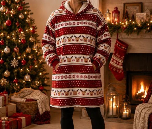 XMAS oversized hoodie blanket red white reindeer snowflake pattern XMAS lettering pocket hood 70x110cm