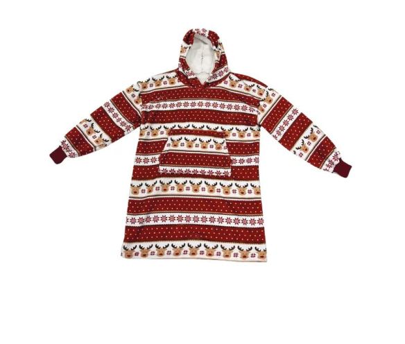 XMAS oversized hoodie blanket red white reindeer snowflake pattern XMAS lettering pocket hood 70x110cm