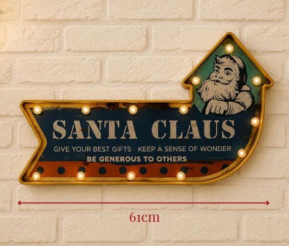 Décoration murale lumineuse LED flèche vintage Père Noël inscription Santa Claus cadre doré fond bleu orange L40xl5,5xH61cm