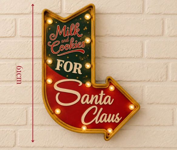 Décoration murale lumineuse LED flèche vintage inscription Milk and Cookies for Santa Claus L40xl5,5xH61cm