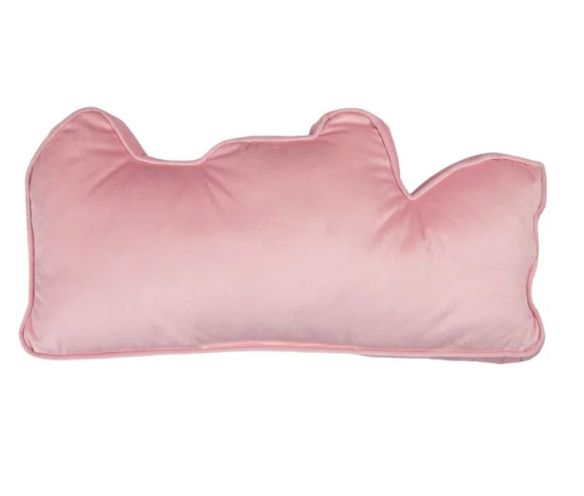 Coussin forme maison pain d'épice rose bordure rose maisons brodées neige portes rouges bonbons 50x25x4cm