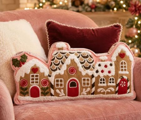 Coussin forme maison pain d'épice rose bordure rose maisons brodées neige portes rouges bonbons 50x25x4cm