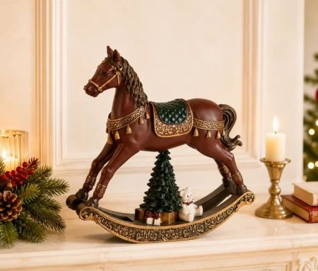 Cheval à bascule décoratif bordeaux doré selle verte sapin ours en peluche cadeaux socle bascule doré L18xl5xH19cm