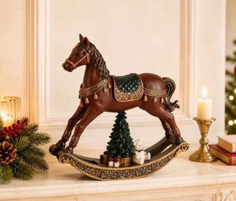 Cheval à bascule décoratif bordeaux doré selle verte sapin ours en peluche cadeaux socle bascule doré L18xl5xH19cm