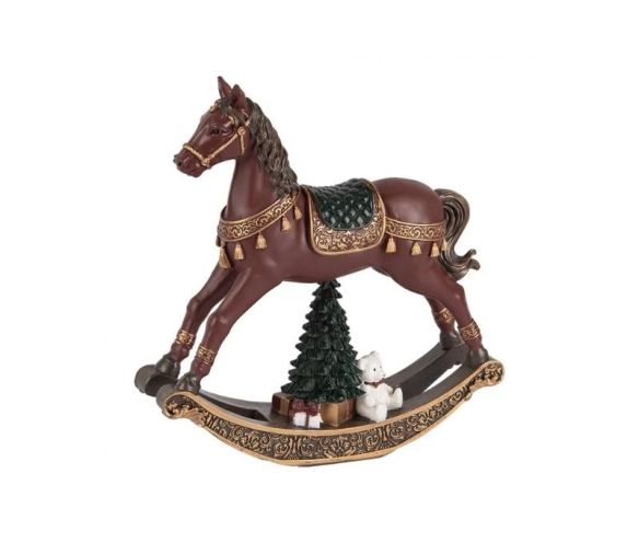 Cheval à bascule décoratif bordeaux doré selle verte sapin ours en peluche cadeaux socle bascule doré L18xl5xH19cm