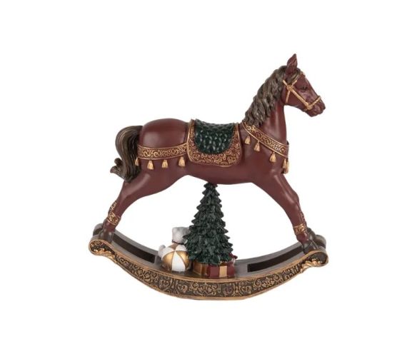 Cheval à bascule décoratif bordeaux doré selle verte sapin ours en peluche cadeaux socle bascule doré L18xl5xH19cm