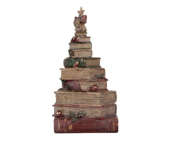 Vintage stacked books Christmas tree decoration star bow holly gold ornaments L17xW15xH33cm