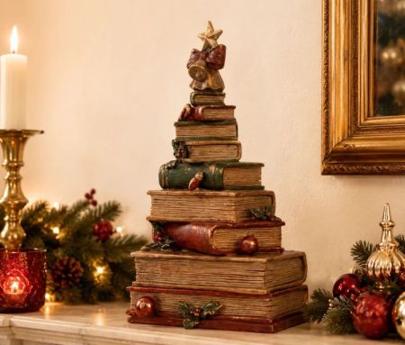 Vintage stacked books Christmas tree decoration star bow holly gold ornaments L17xW15xH33cm