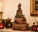 See slide Vintage stacked books Christmas tree decoration star bow holly gold ornaments L17xW15xH33cm