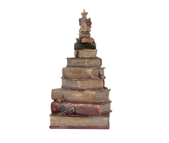 Vintage stacked books Christmas tree decoration star bow holly gold ornaments L17xW15xH33cm