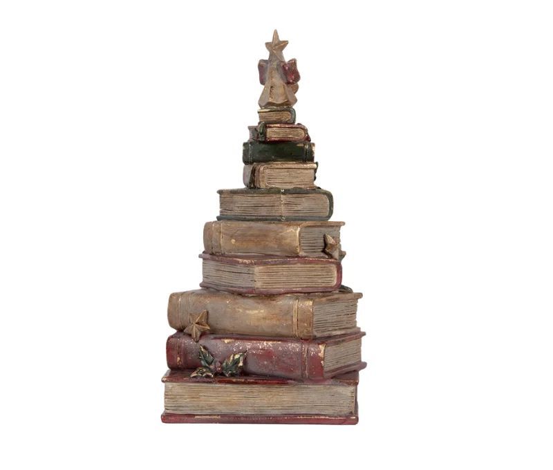 Vintage stacked books Christmas tree decoration star bow holly gold ornaments L17xW15xH33cm