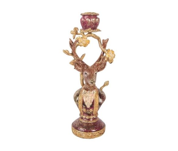 Gold burgundy stag candle holder resin antler wreath floral bust round base L14xW11xH31cm