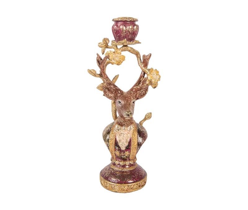 Chandelier bougeoir cerf résine doré bordeaux bois de cerf fleuri buste orné socle rond L14xl11xH31cm