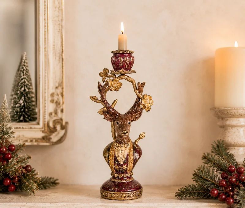 Gold burgundy stag candle holder resin antler wreath floral bust round base L14xW11xH31cm