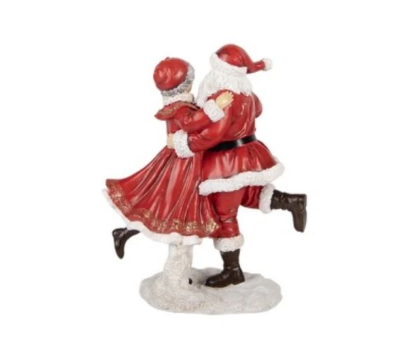 Figurine résine Père Noël Mère Noël dansant rouge blanc fourrure socle neigeux H23xL19xl11cm