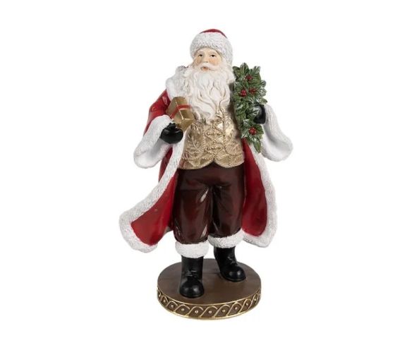 Figurine résine Père Noël vintage manteau rouge fourrure blanche gilet doré cadeau houx socle doré H23xL19xl11cm
