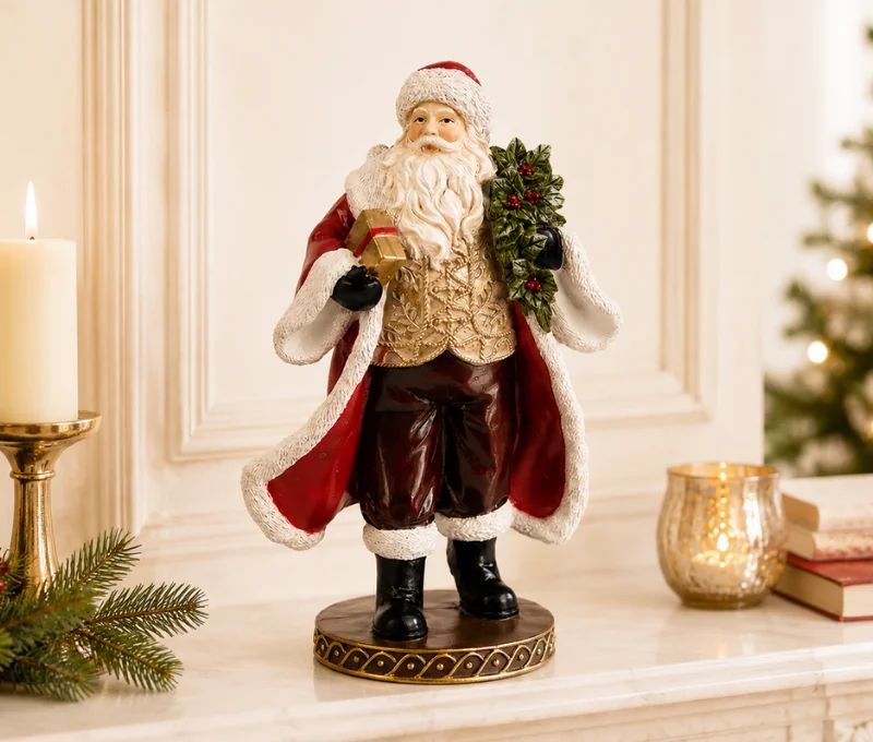 Figurine résine Père Noël vintage manteau rouge fourrure blanche gilet doré cadeau houx socle doré H23xL19xl11cm