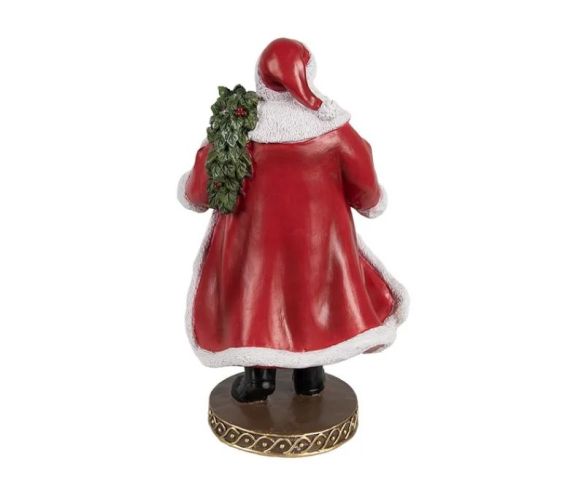 Figurine résine Père Noël vintage manteau rouge fourrure blanche gilet doré cadeau houx socle doré H23xL19xl11cm