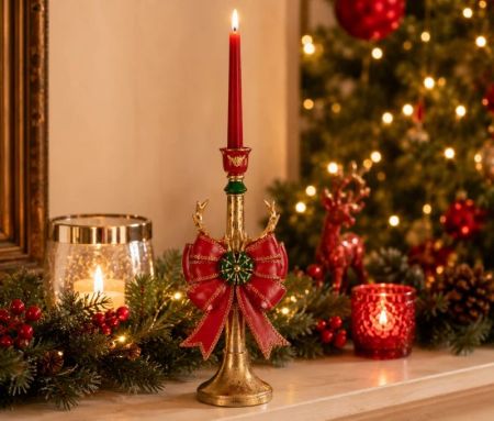 Chandelier doré patiné nœud rouge vert bois de cerf socle rond L15xl12xH45cm